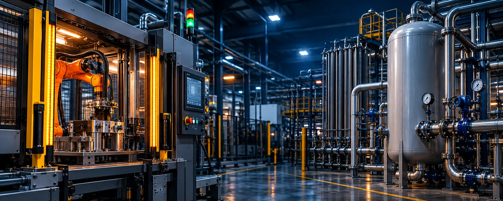 Interior de planta industrial com braço robótico, painel de comando e tubulações de gases atendida pela Sienge em todo o Brasil