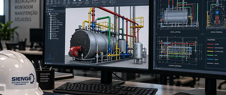 Projeto mecânico de caldeira modelado em CAD pela engenharia da Sienge