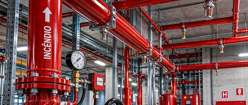 Sistema de combate a incêndio com tubulação, sprinklers e alarme instalados pela Sienge
