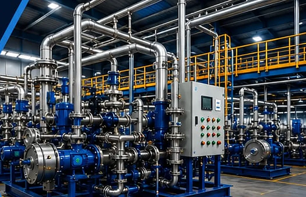 Planta industrial com tubulações, motobombas e painel elétrico montados pela Sienge Montagens Industriais