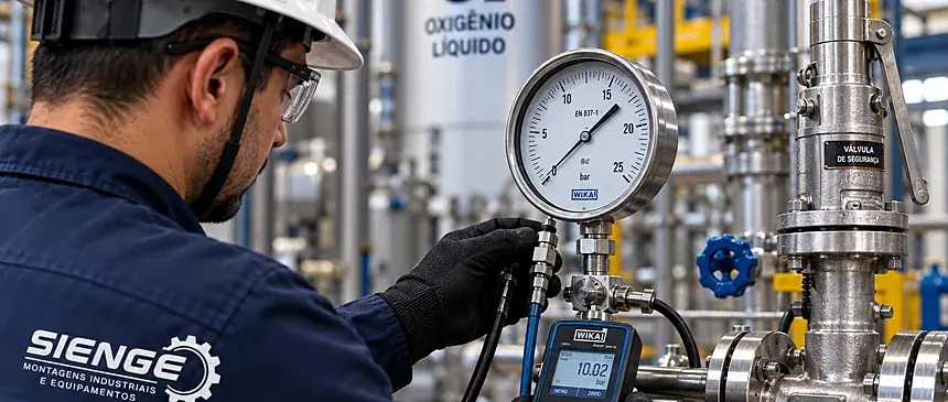 Técnico da Sienge testando estanqueidade de rede de gases industriais
