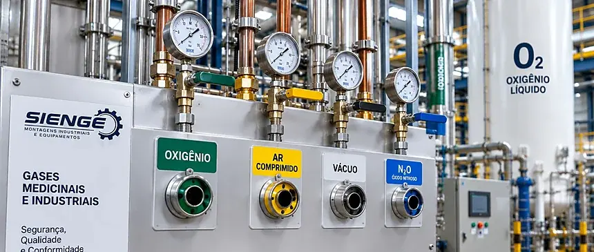 Painel Sienge de gases medicinais com pontos de oxigênio, ar comprimido, vácuo e óxido nitroso identificados