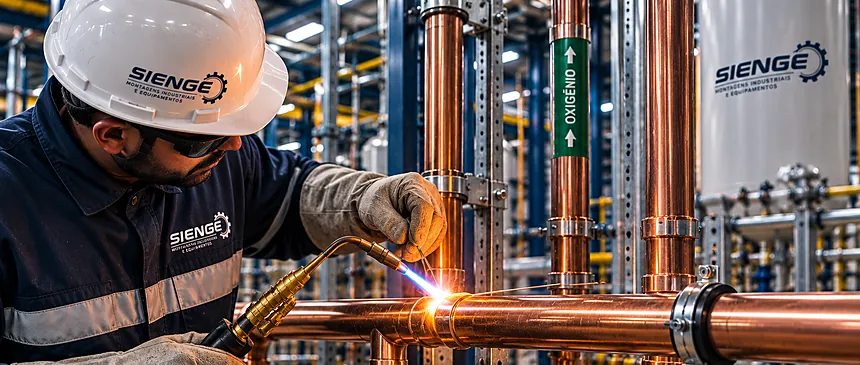 Técnico da Sienge realizando montagem e solda de rede de tubulação de gases medicinais