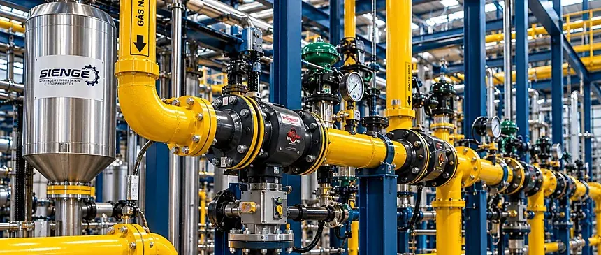 Rede de gás natural com tubulação amarela identificada e logotipo Sienge, montada em planta industrial